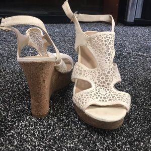 Creme high heeled wedges